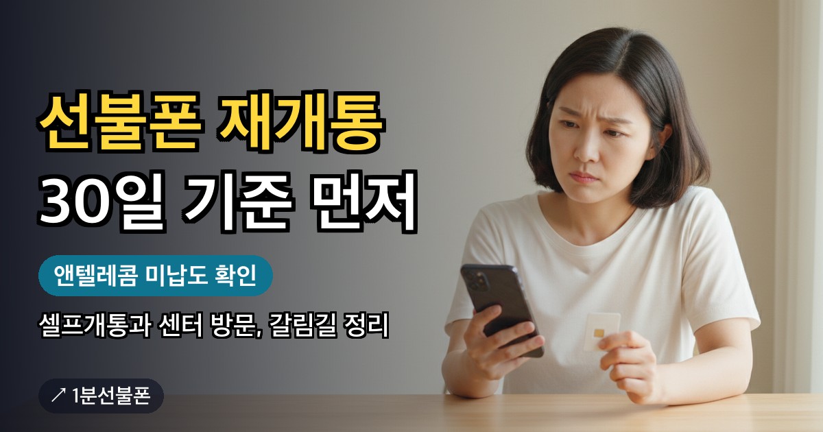 예전 번호로 다시 개통하려고 스마트폰과 유심 포장을 들고 조건을 따져 보는 모습